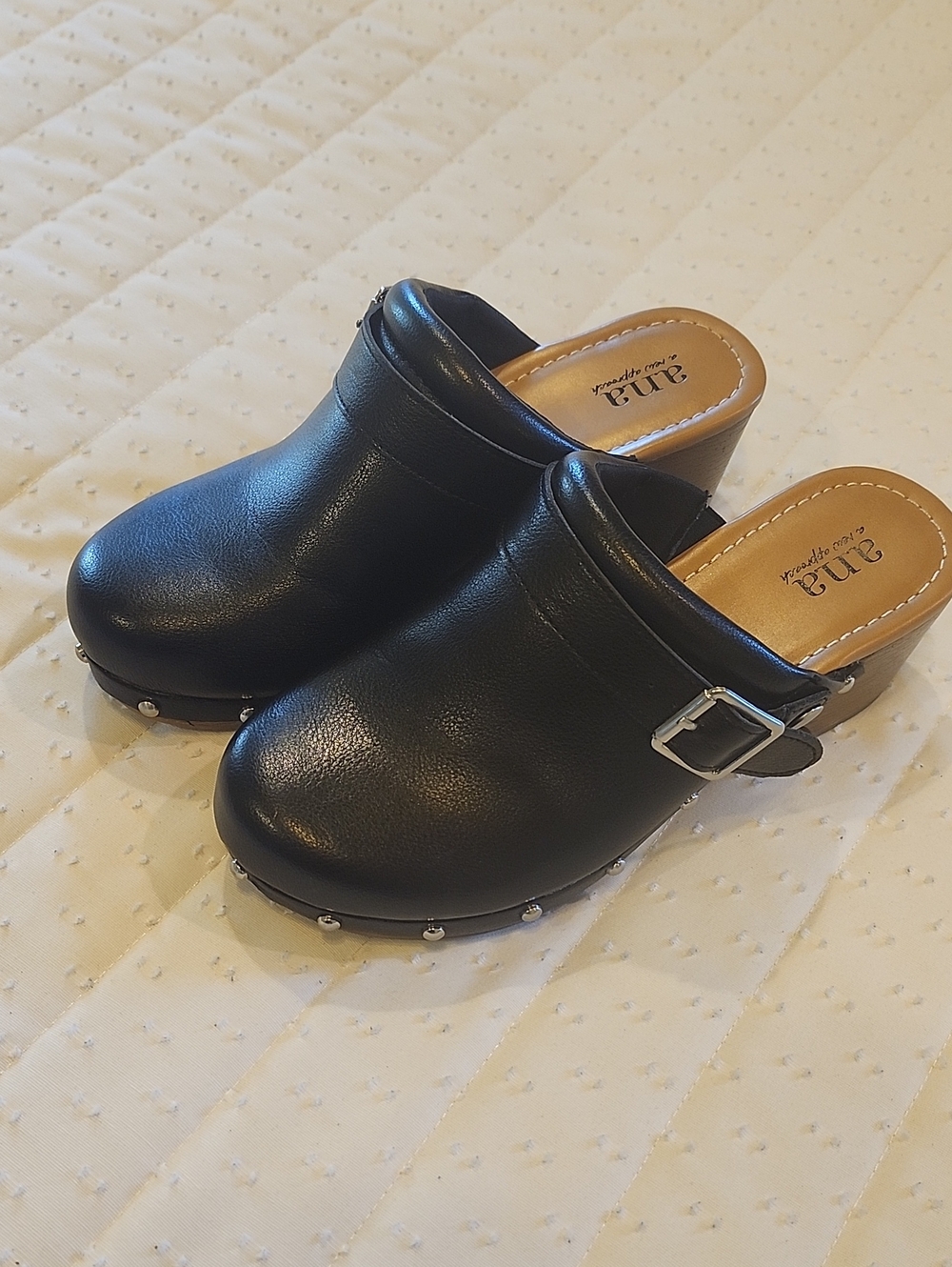 a.n.a. Black Studded Faux Leather Clog Mules Sz 7